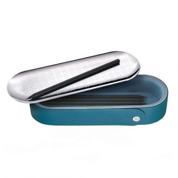 ICONIK Stainless steel pencil box with peacock green leather