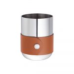 ICONIK Mirror polished stainless steel pencil pot with fawn leather