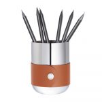 ICONIK Mirror polished stainless steel pencil pot with fawn leather