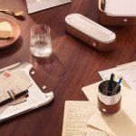 ICONIK Mirror polished stainless steel pencil pot with fawn leather