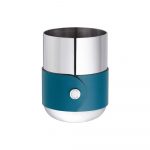 ICONIK Mirror polished stainless steel pencil pot with peacock green leather ICONIK