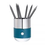 ICONIK Mirror polished stainless steel pencil pot with peacock green leather ICONIK